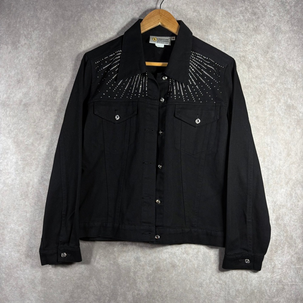 Christine Alexander Swarovski Crystals Black Denim Jacket Womens Medium Western